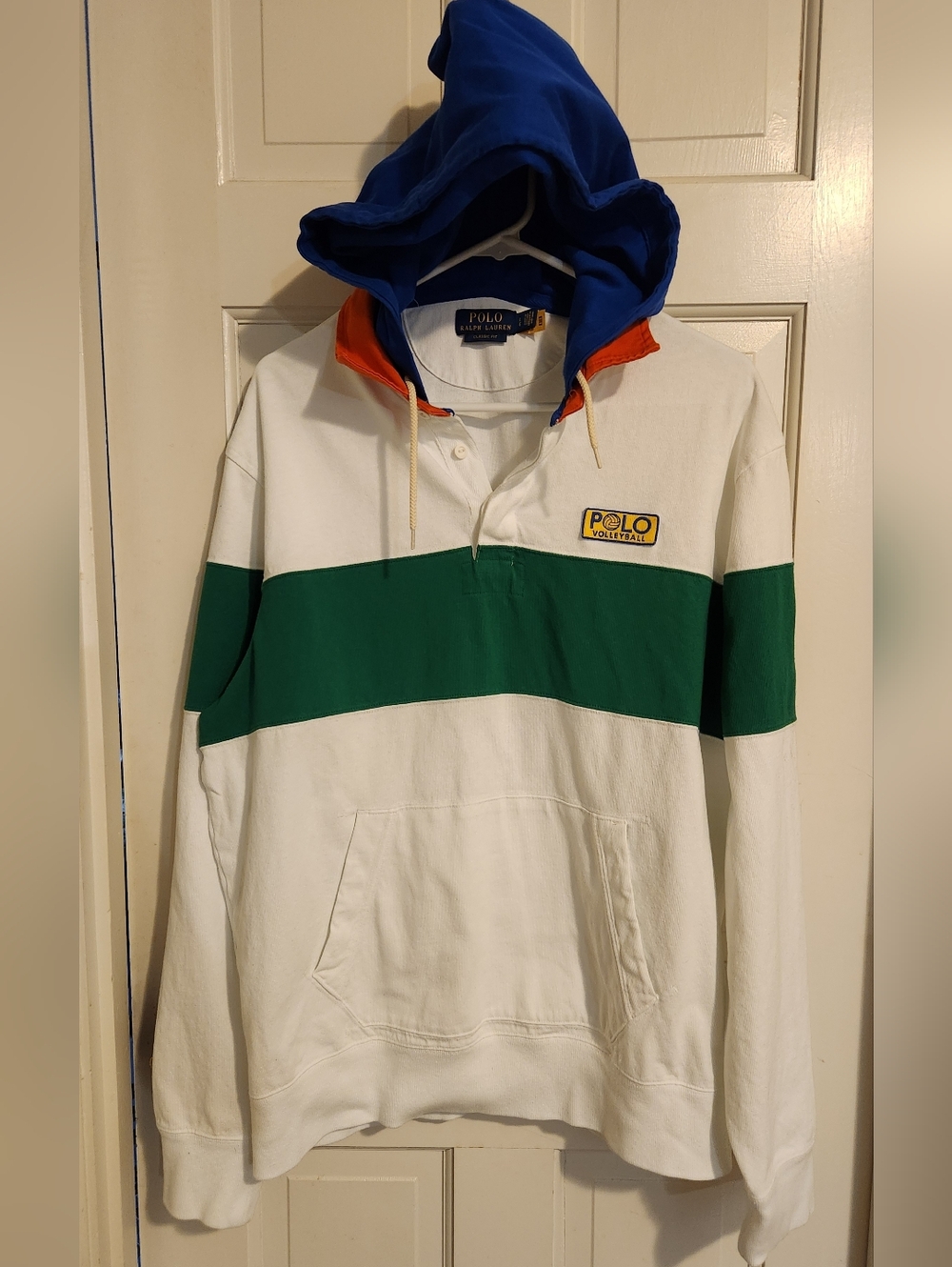 Polo by Ralph Lauren White Rugby Hoodie with Green Stripe And Blue Hood , Size L